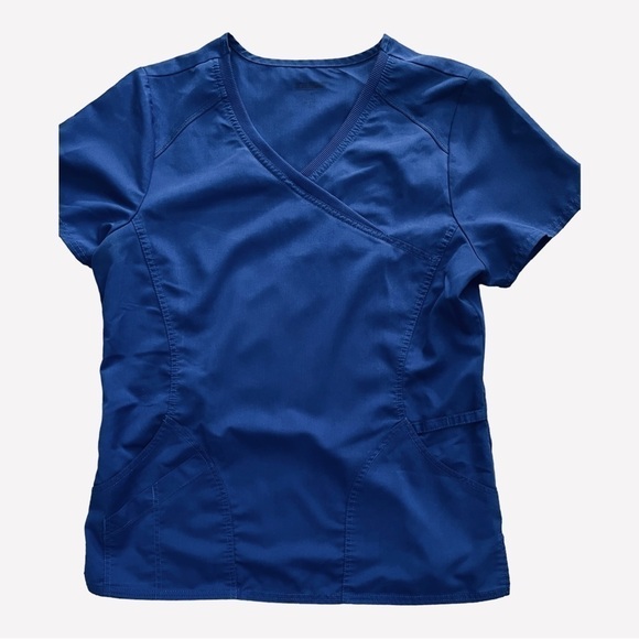 SCRUBS medical scrub top deep blue V-neck shot sleeves double pockets Women M - Picture 7 of 14